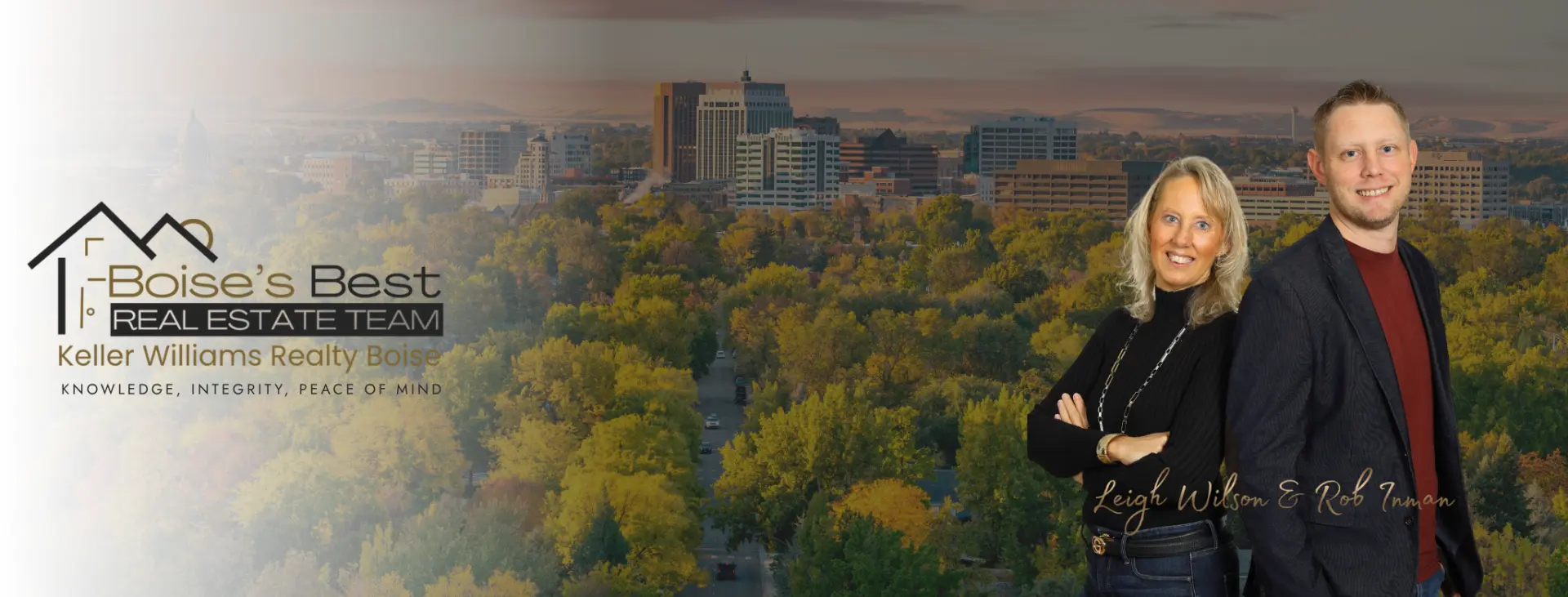 Boise's Best Real Estate Team — Leigh Wilson & Rob Inman over the Boise skyline